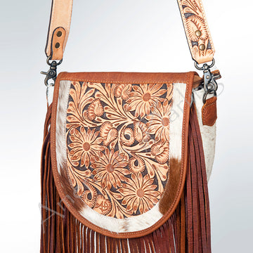 American Darling ADBG381TAW Messenger Hand Tooled Hair On Genuine Leather Women Bag Western Handbag Purse